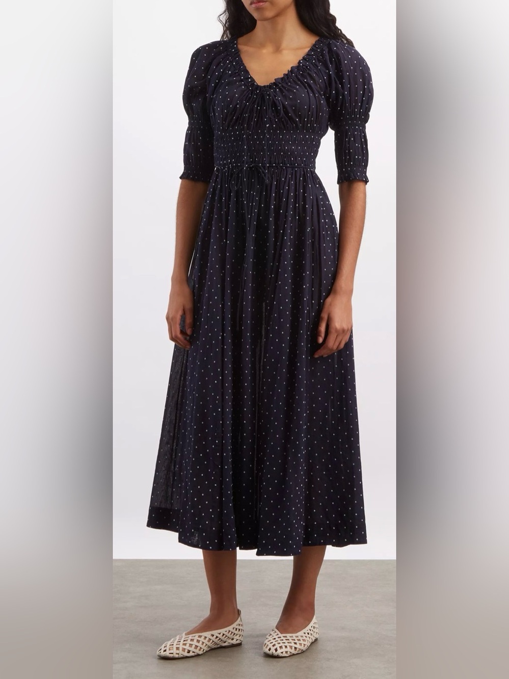 NEW DÔEN Ischia shirred polka-dot organic cotton-voile midi dress sz S
